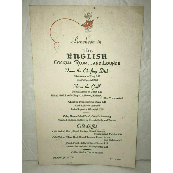 1971 Pearson Hotel Chicago English Cocktail Room and Lounge Vintage Menu