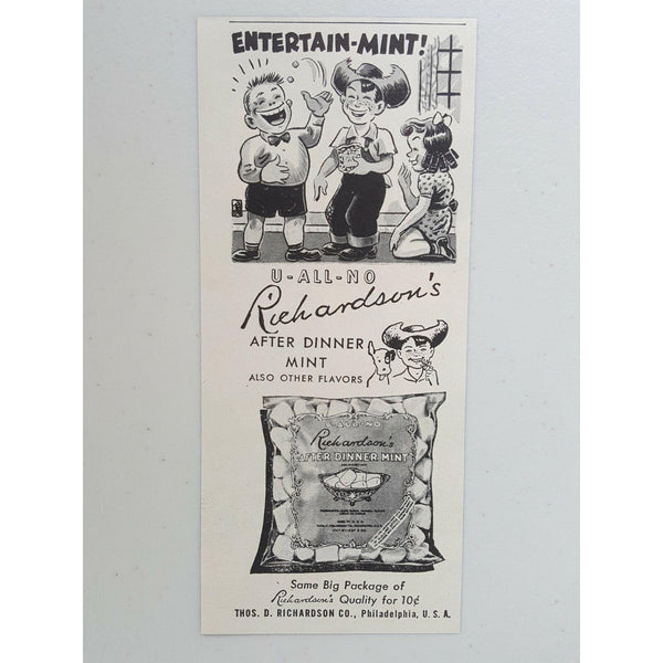 1944 Richardson's After Dinner Mints Candy Treat Cartoon Vtg Magazine Print Ad