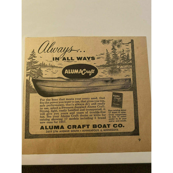 1957 Aluma Craft Boat Minneapolis MN Vintage Magazine Print Ad