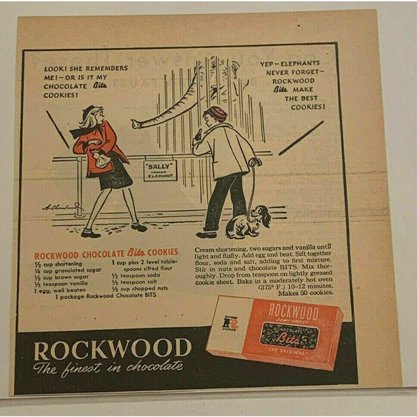 1947 Rockwood Chocolate Bits Semi-Sweet Chips Candy Elephant Vintage Print Ad