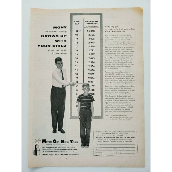 Mutual of New York 1956 Life Insurance Growth Chart Vintage Magazine Print Ad