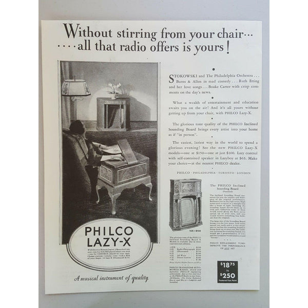 1933 Philco Lazy-X Remote Control Radio Sounding Board Vintage Magazine Print Ad