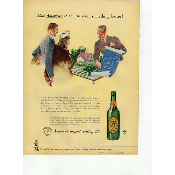 1943 ballantine xxx ale beer bottle blueprint new home Vtg Magazine Print Ad